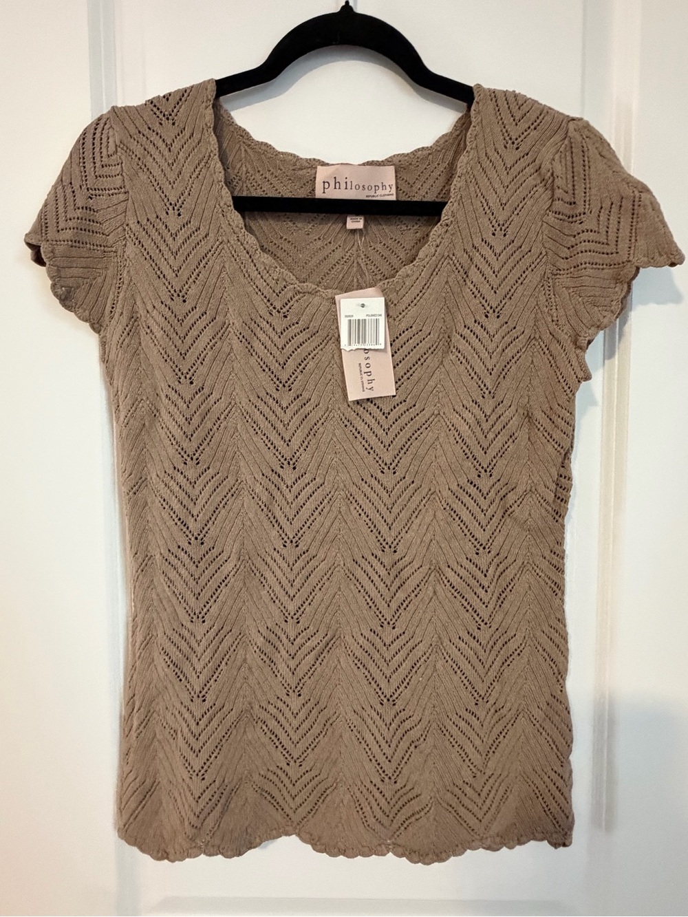 Philosophy Taupe Chevron Openwork Short-Sleeve Knit Top Fall Festivals Markets